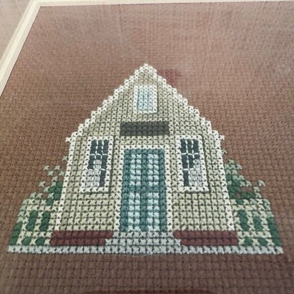 Vintage Framed Matted Cross Stitched Embroidered Folk Art Cabin/Church/LakeCabin - Picture 5 of 16